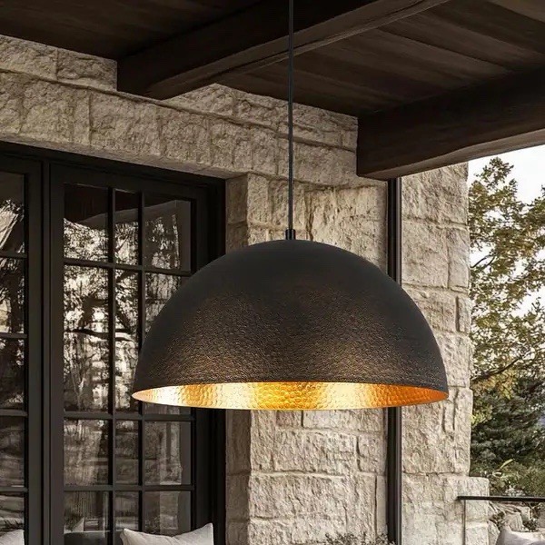 Industrial Oversized Metal Dome Pendant Light - Modern - 15 Inches - Black/Gold