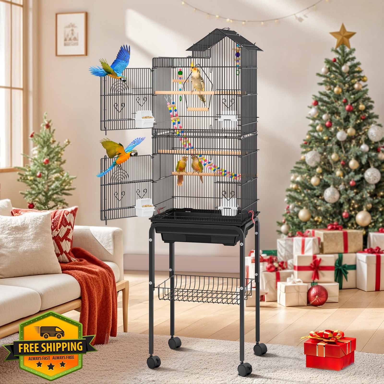 DWVO 62" Metal Bird Cage Cockatiel Parrot Lovebird Rolling Stand