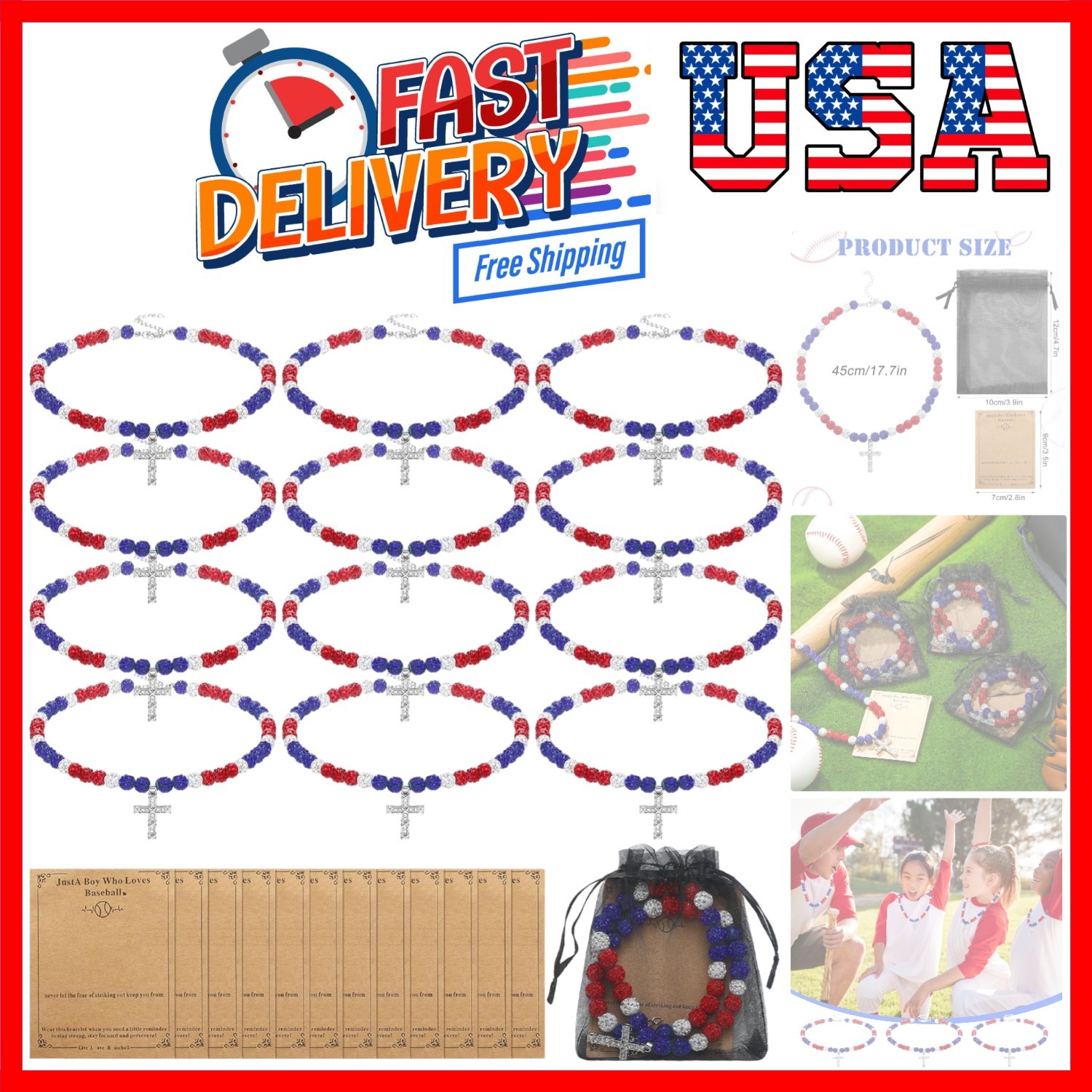 12 Set 18 in Baseball Beaded Cross Necklace for Boys Girls Kids Easter Basket...