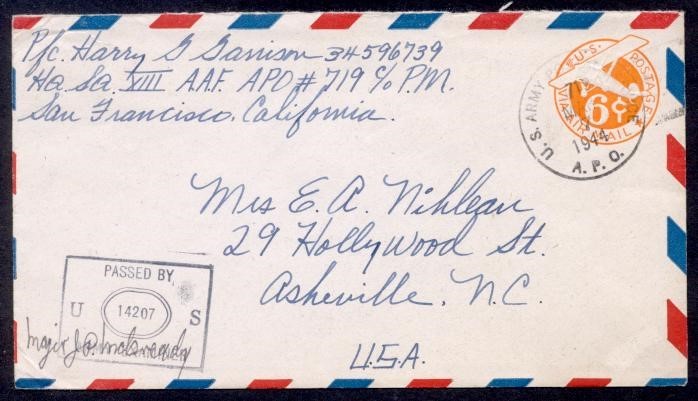 SOLOMAN ISLANDS US ARMY APO 1944 CENSORED TO USA