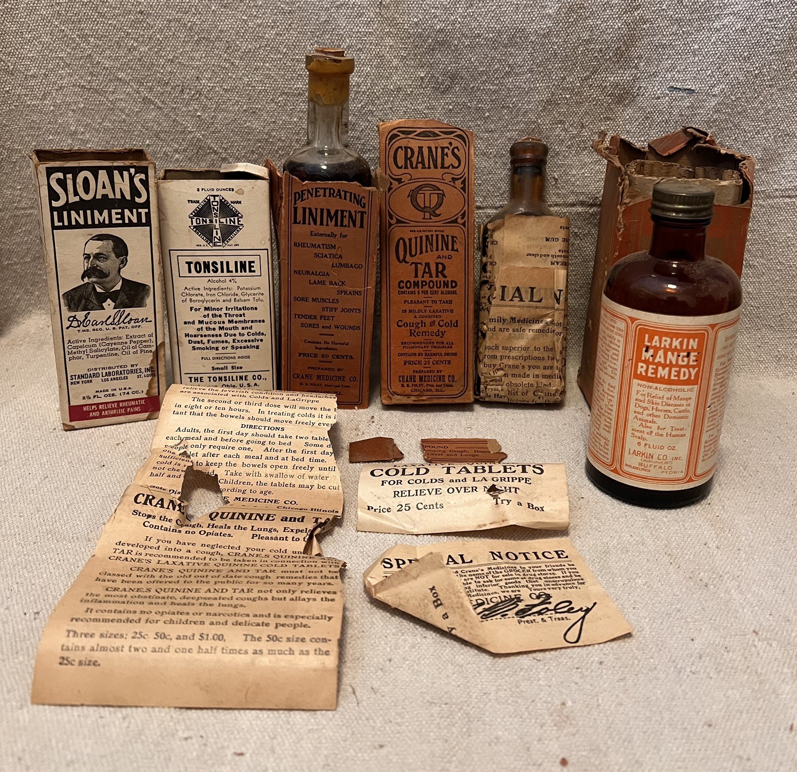 Vintage Century Old Apothecary Bottles with Boxes and Labels Lot of 5