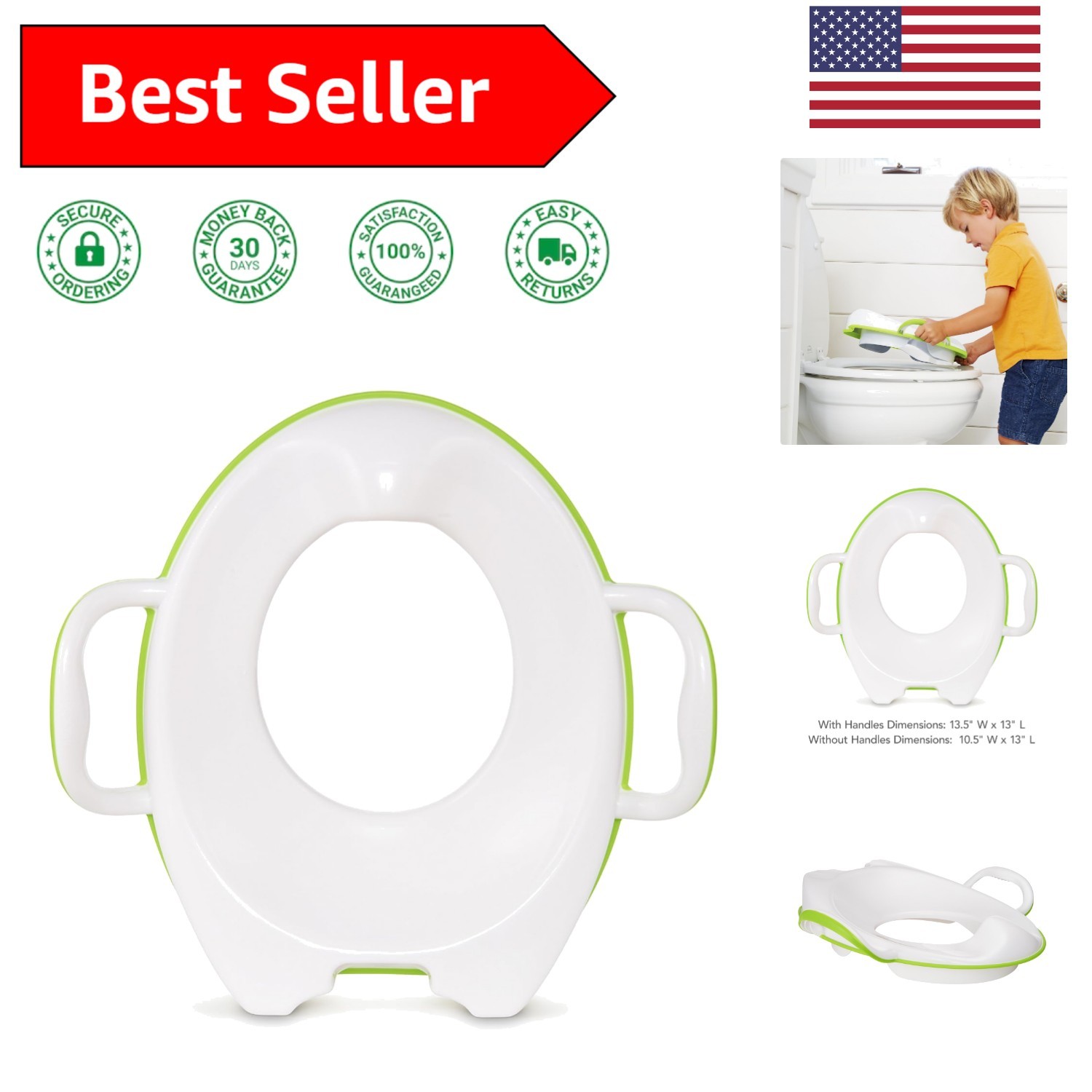 Easy Clean Toddler Potty Training Seat in Green | Built-in Handles for Safety