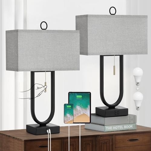  Nightstand Lamps Set of 2 with USB C+A Ports, 24'' Tall Table Lamp Black+Grey