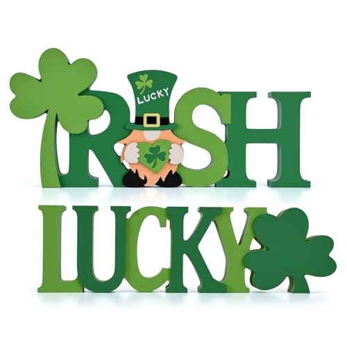 St Patrick's Day Table Decorations 2 Pcs Wooden Shamrock Gnome Lucky Sign Green