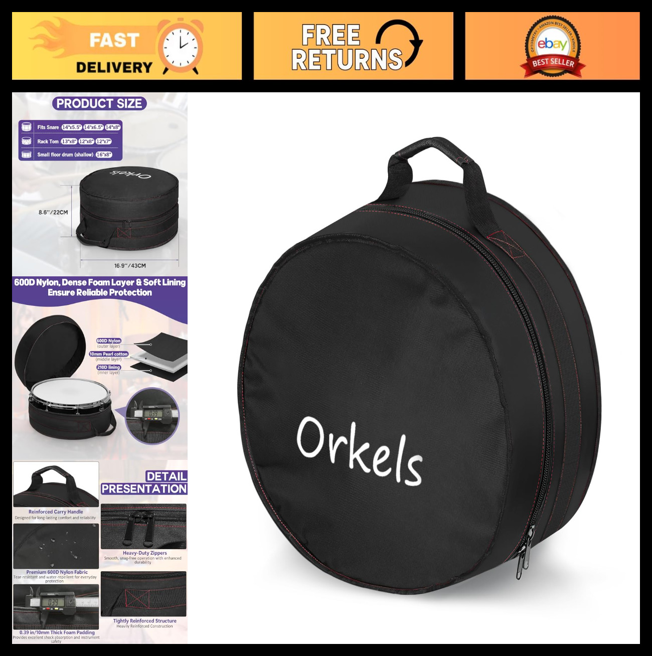 Padded Snare Drum Bag - 10mm Travel Case with Carry Handle for 14"x5.5"/14"x6.5"