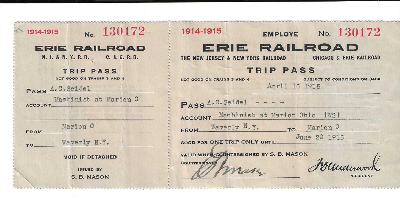 Antique Erie Railroad Trip Pass Employee 1915 Ticket S.B. Mason Train W/Stub EUC
