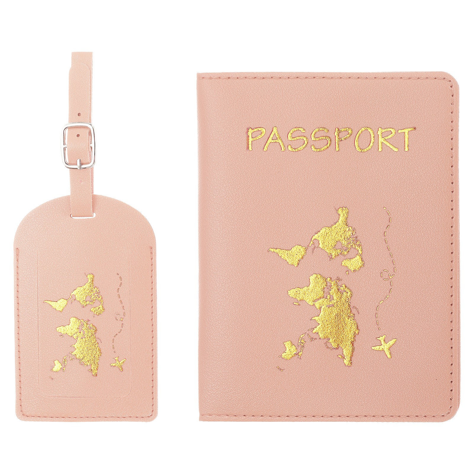 Passport Cover Holder and Luggage Tag Set PU Suitcase Identifier Pink