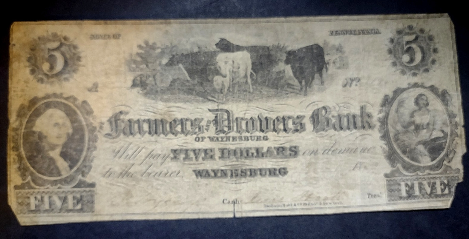 Waynesburg Pennsylvania 5$ Obsolete Banknote Pa-695-co 1850