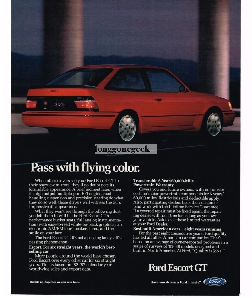 1989 Ford Escort GT Automobile Car VINTAGE Print Ad