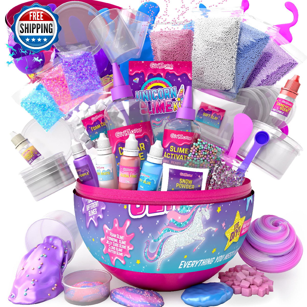 GirlZone Sparkly Unicorn Egg Surprise Slime Kit for Girls, Sensory Toys Kids