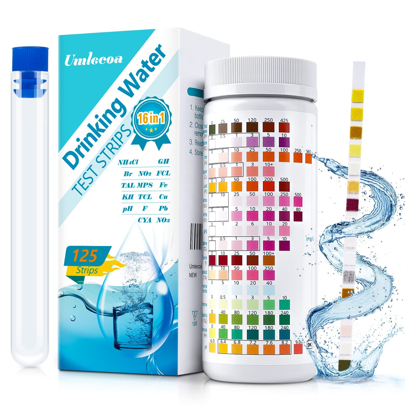 Umlecoa 16 in 1 Premium Water Test Kit  125 Home Water Quality Test Strips fo...