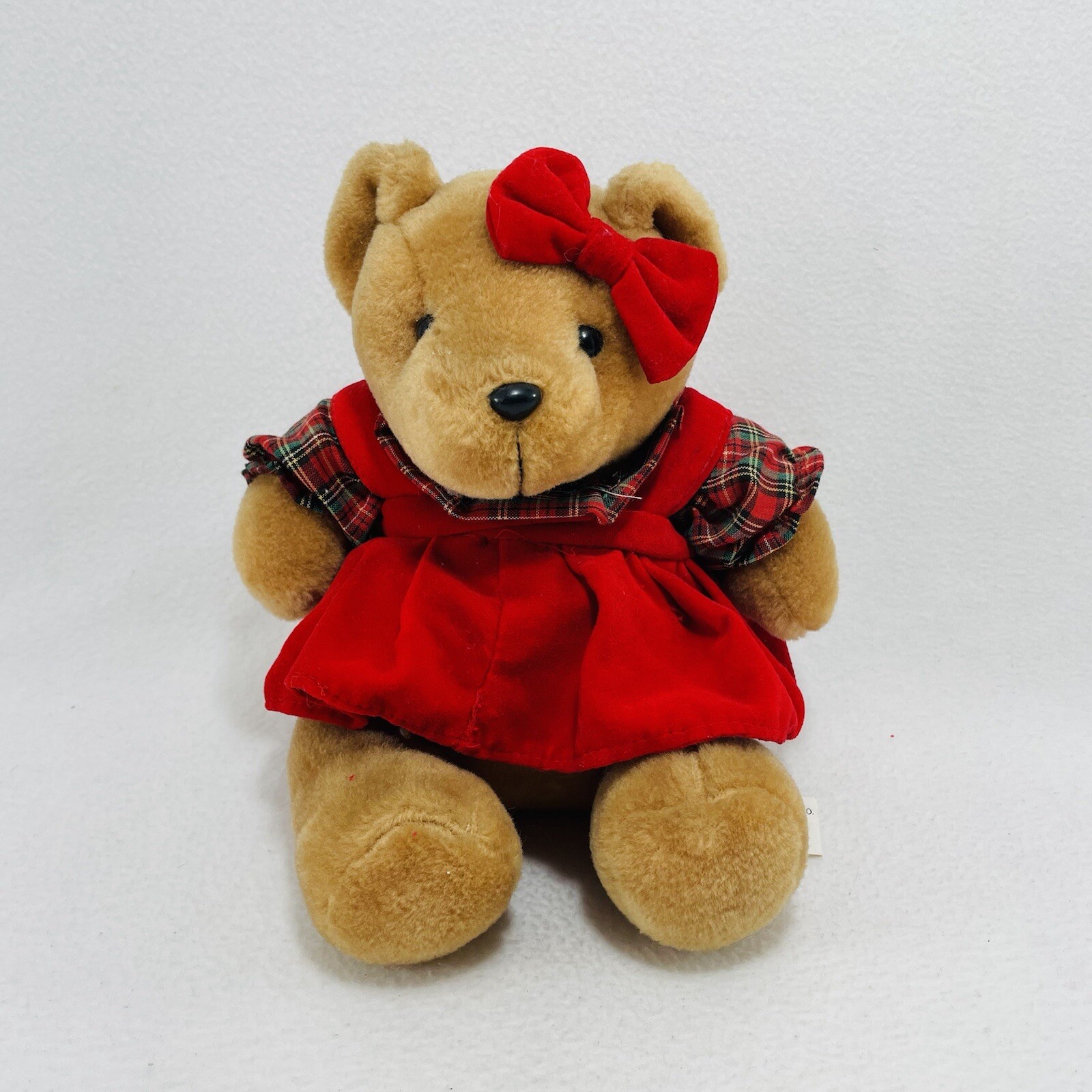 Vintage International Silver Bear Plush Christmas Toy Girl Plaid Dress Clothes