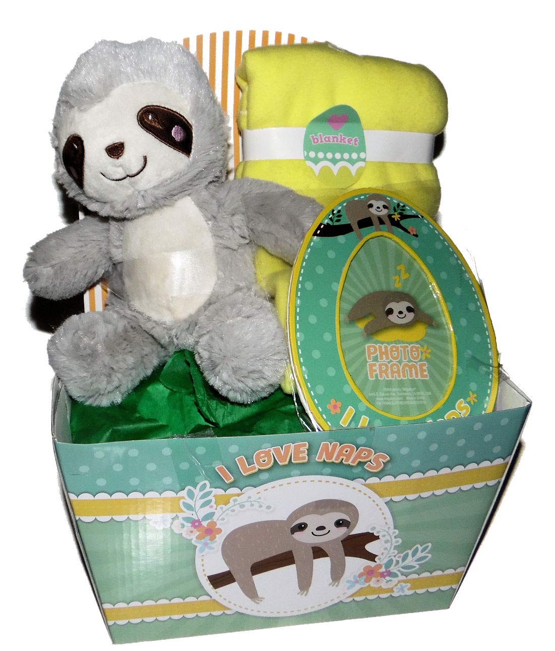 Sloth Theme Baby Shower Gift Basket, Plush Sloth, Fleece Blanket, Photo Frame
