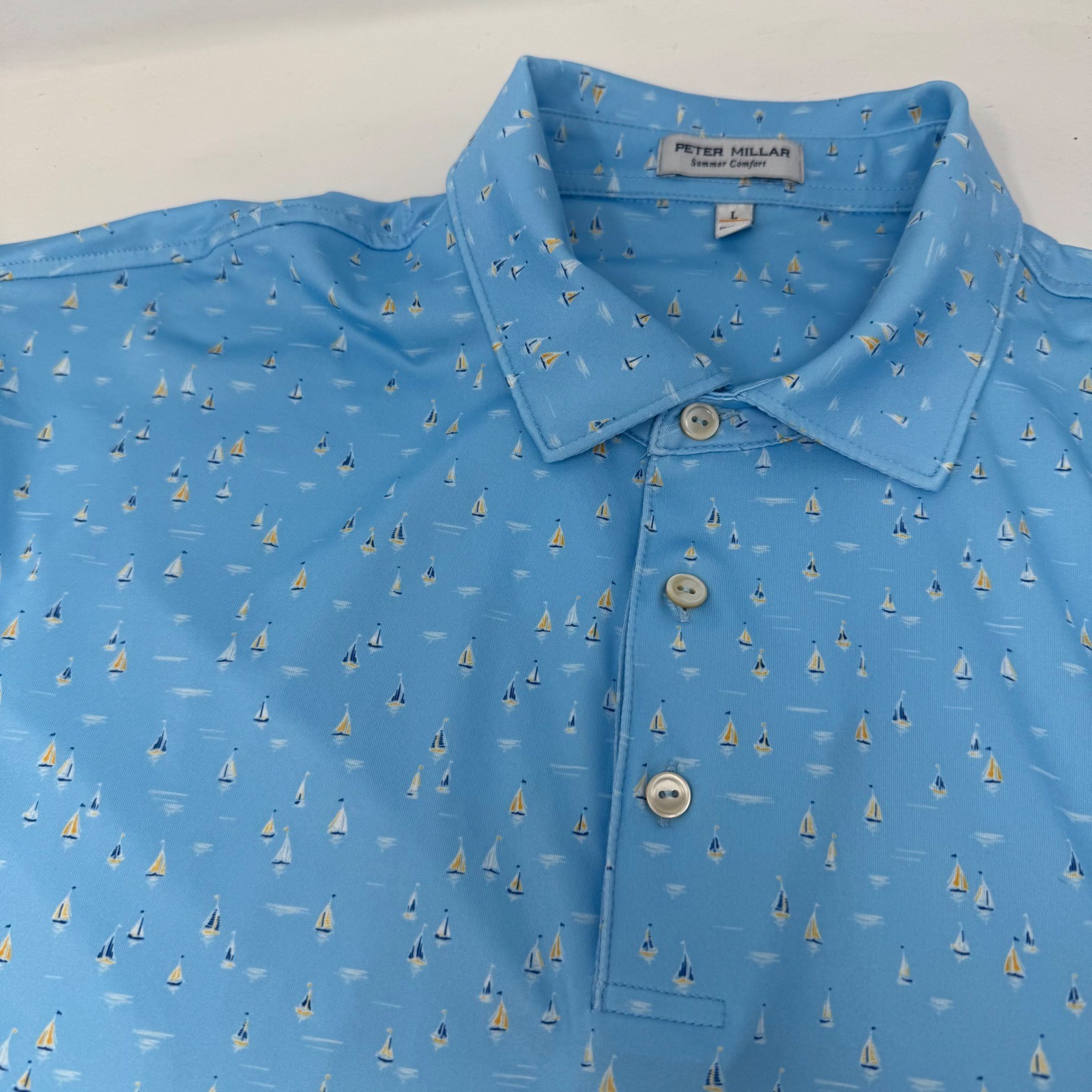 Peter Millar Summer Comfort Sailboat Polo AOP Mens Large Blue Golf Performance