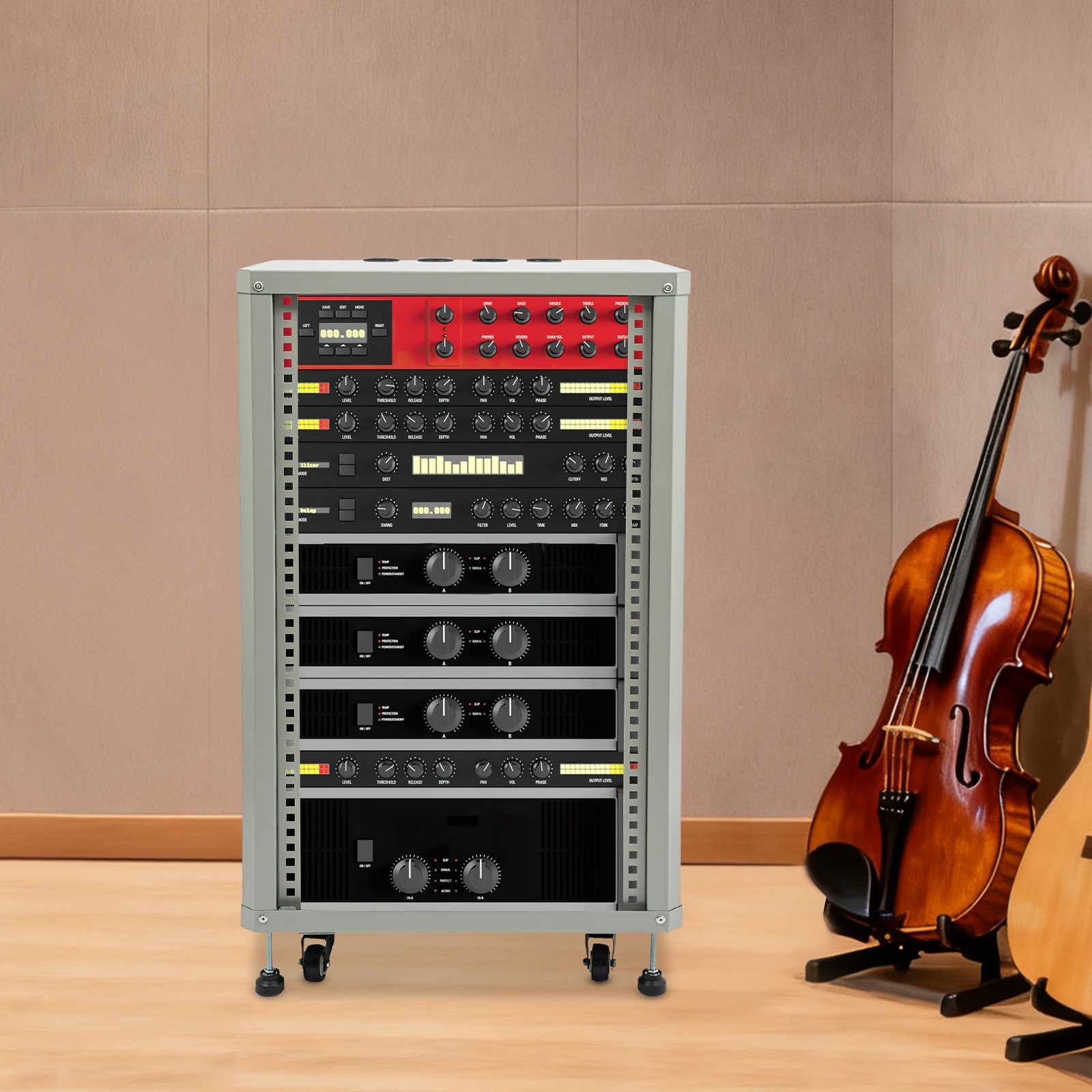 DJ Mixer Stand Rolling Network Cabinet DJ Mixer Stand Audio Rack with 4 Wheel