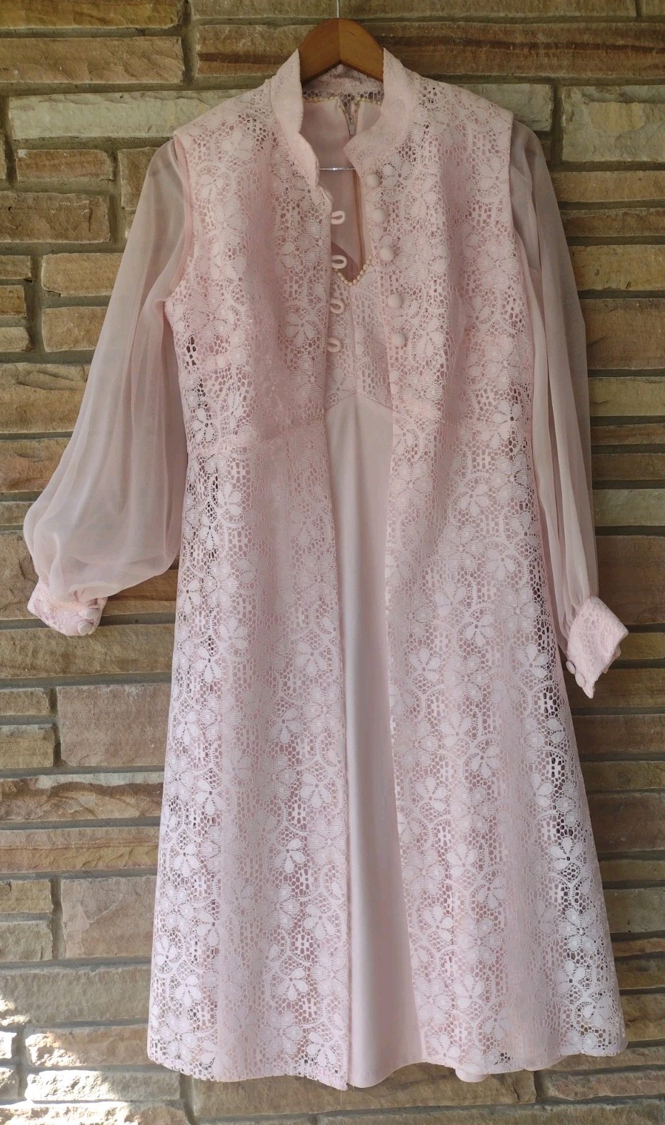 1970s Pink Lace 2pc Dress Set Mandarin Jacket Sheer Sleeves Handmade 