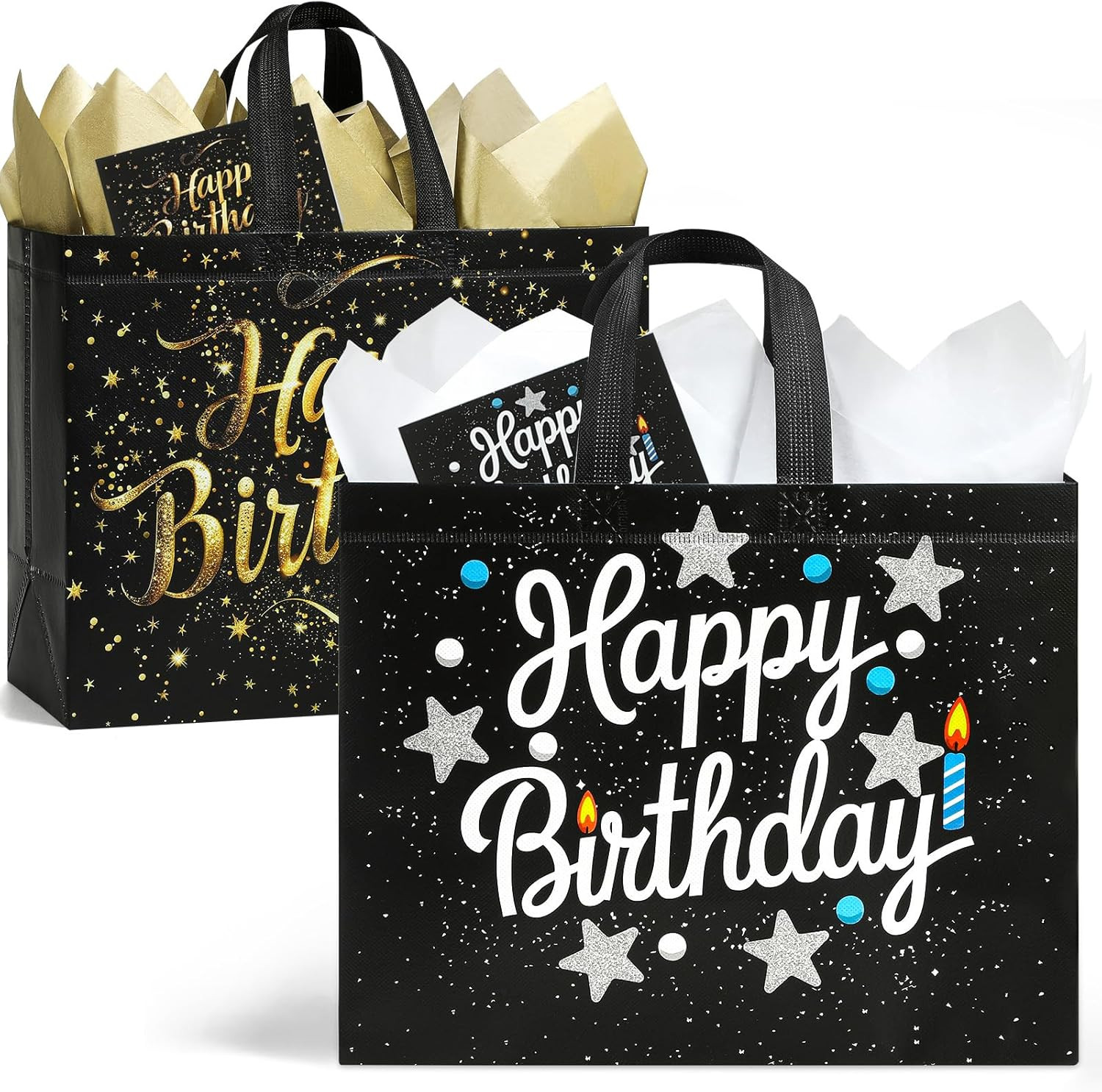 2 Pack 13" Large Birthday Gift Bags with Tissue Paper & Cards, Reusable Non-Wove