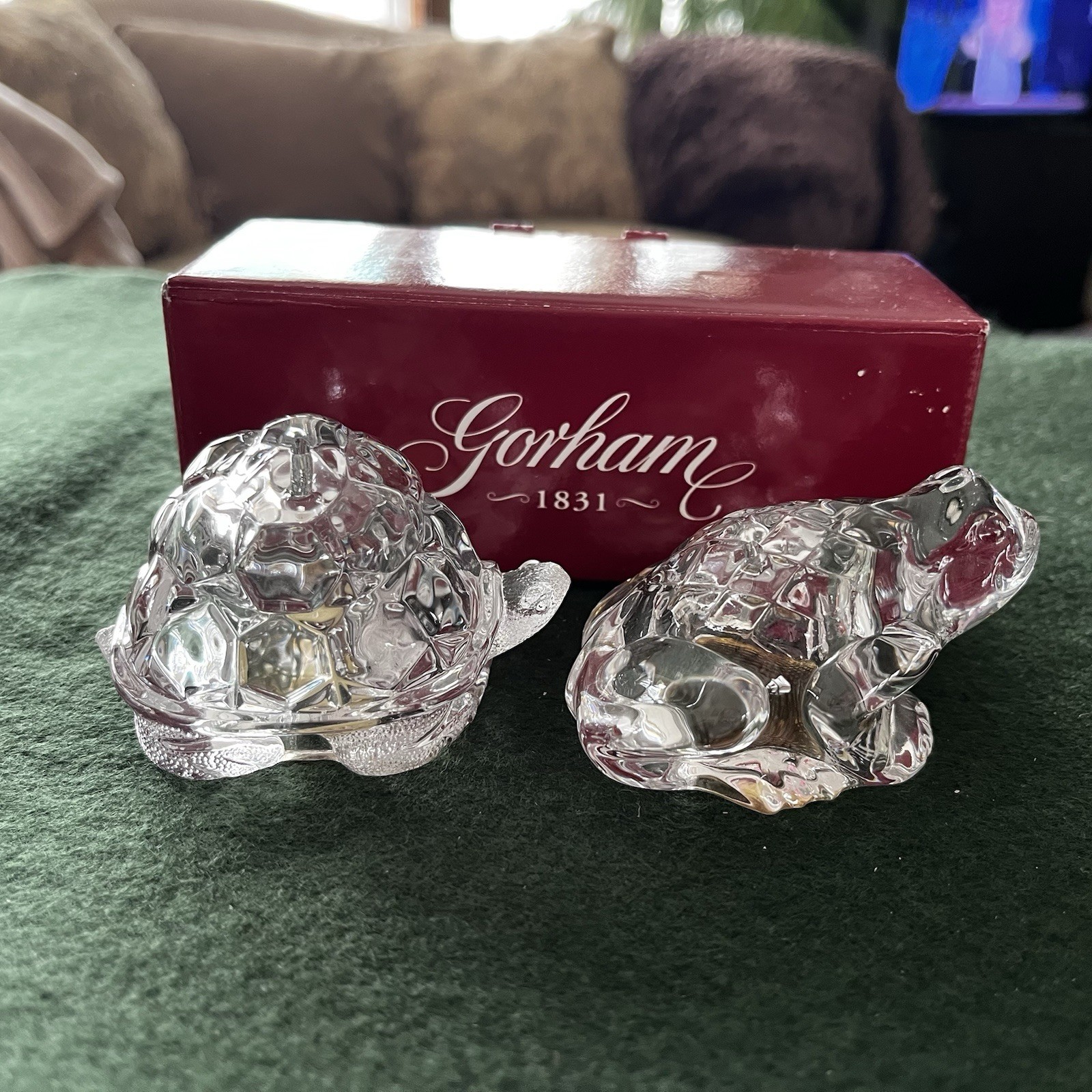 Gorham Garden Serenade Frog & Turtle Lead Crystal Salt & Pepper w/ Stoppers