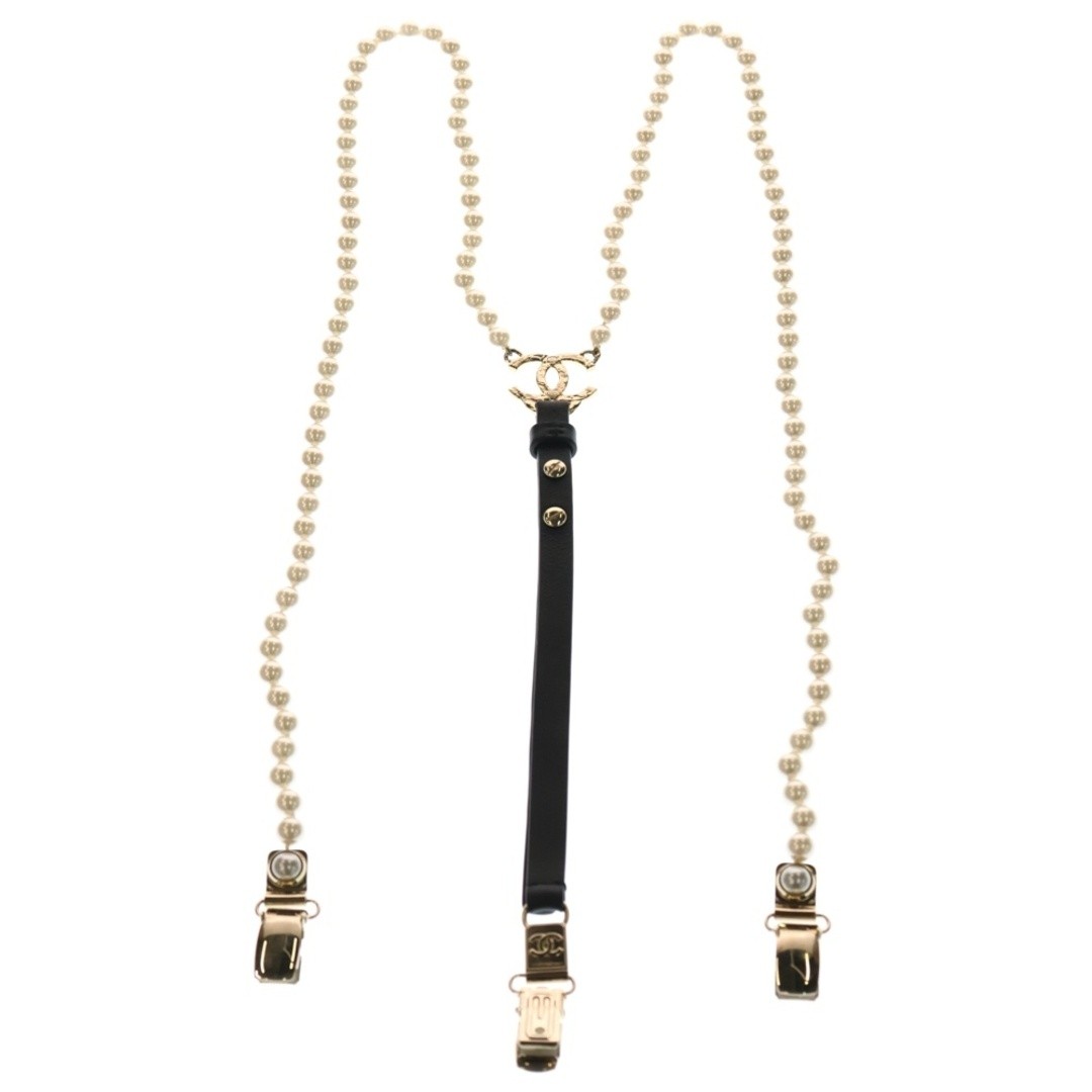 CHANEL Cocomark Faux Pearl Suspender Black X White A21k Gold Hardware Used d986d