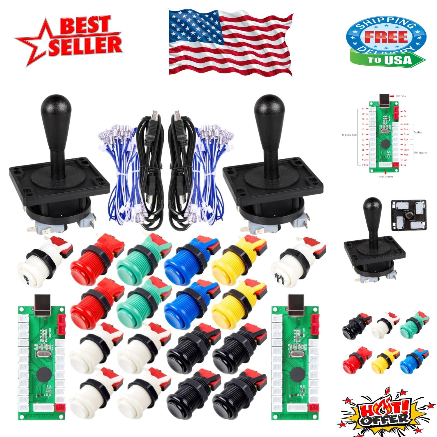 Classic Arcade DIY Kit for 2 Players: Durable Joystick & Multiple Button Colors