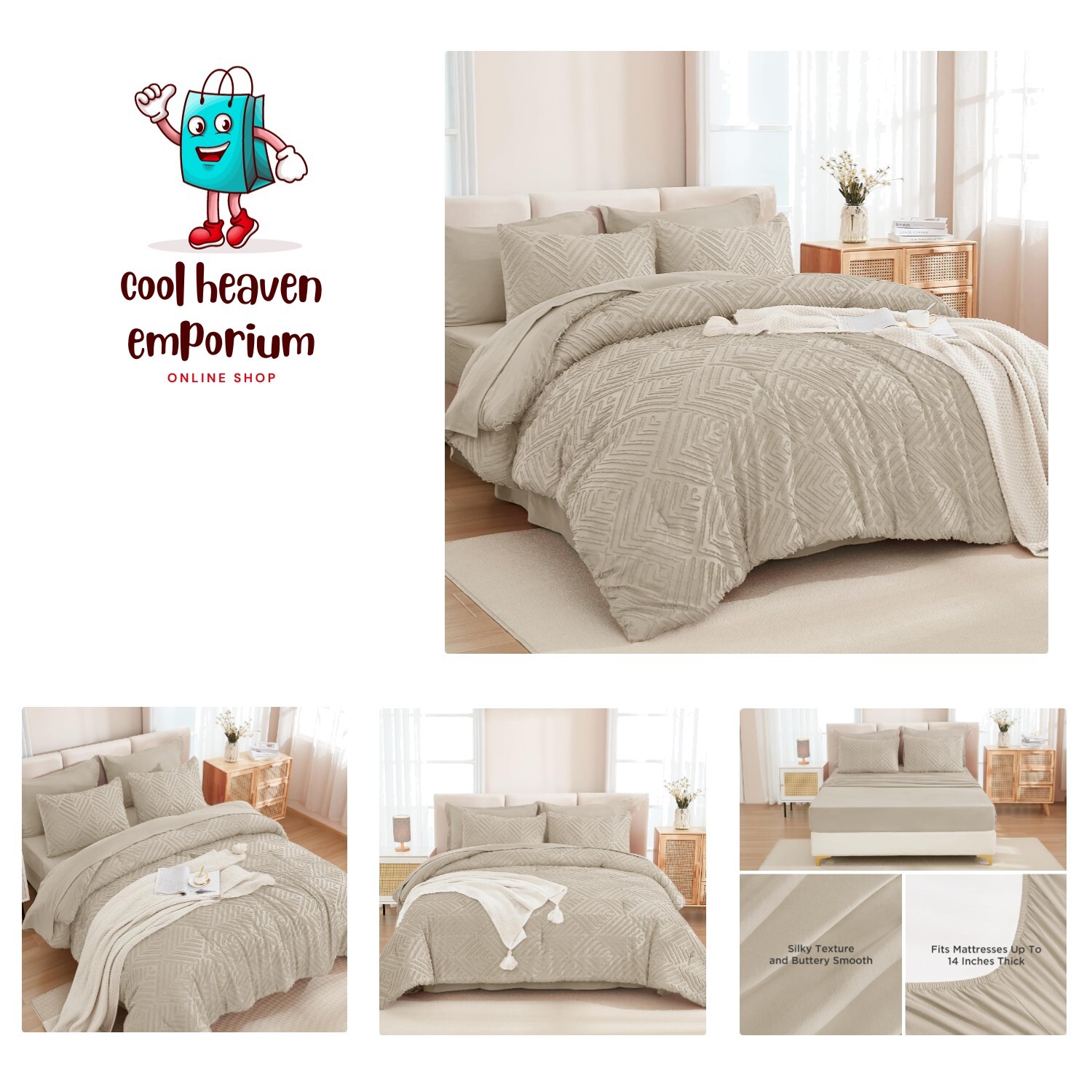 King Size Comforter Set 7 Pieces Oatmeal - Bed in a Bag King Boho Lightweight...