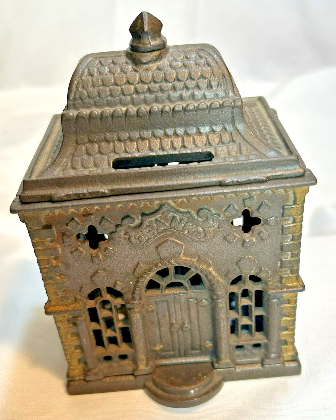 Cast Iron Coin Bank Building Vintage 
