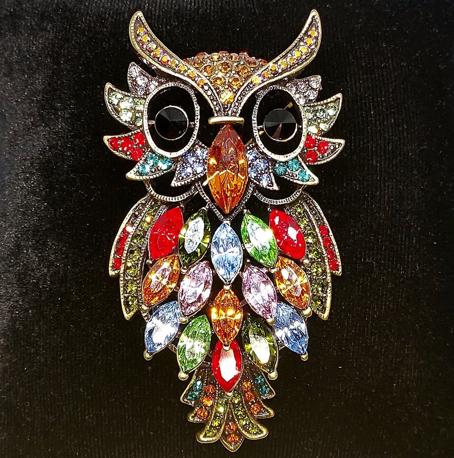Butler and Wilson Multi Crystal Owl With Black Eyes Brooch - Excellent