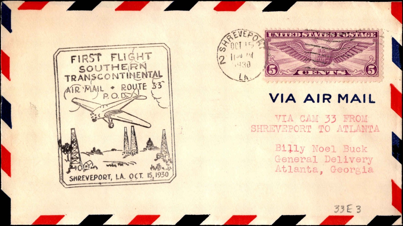 USA 1930 First Flight Southern Transcontinental CAM 33 Cover Shreveport