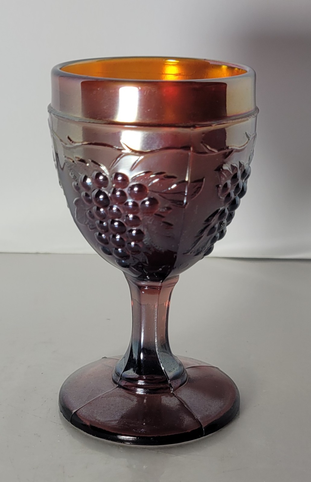 Antique Dugan Diamond Harvest Gold Amethyst Carnival Glass Wine Cordial