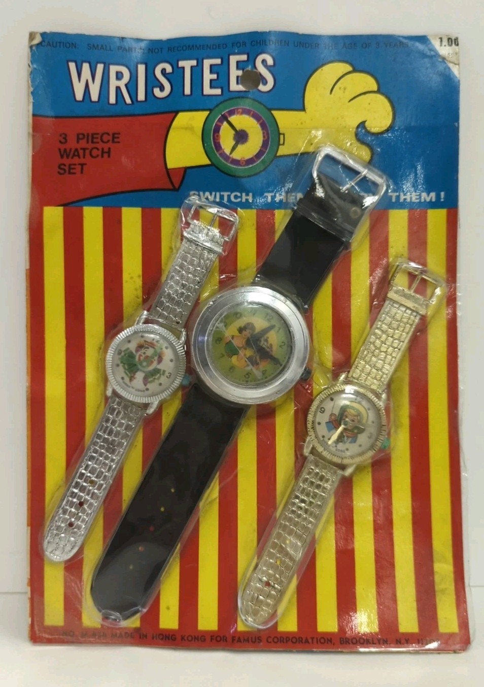 vintage WRISTEES 3 piece Toy Watch Set by Famus Corp Hong Kong MIP!