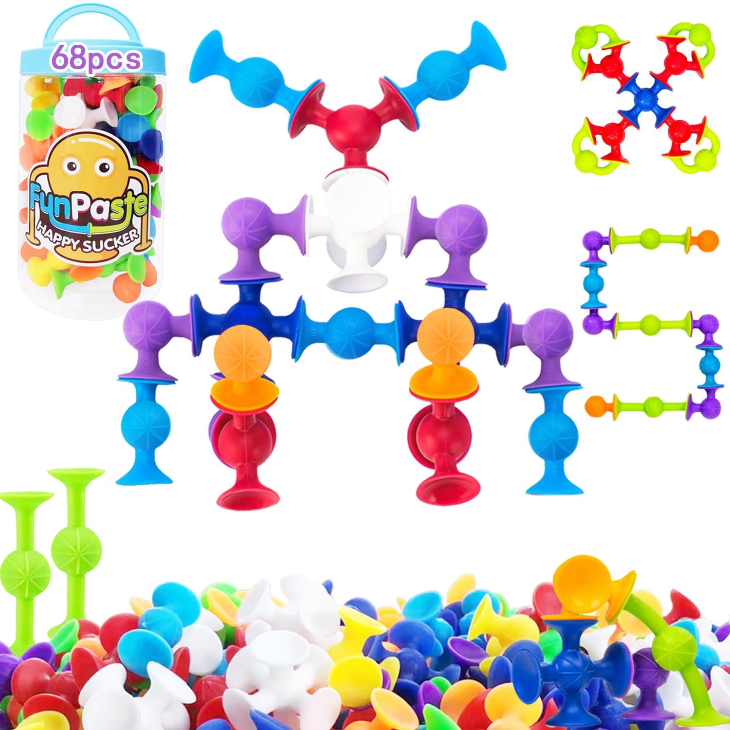 68 Piece Suction Cup Toys Bath Toys, Construction Set Silicone Building Block...