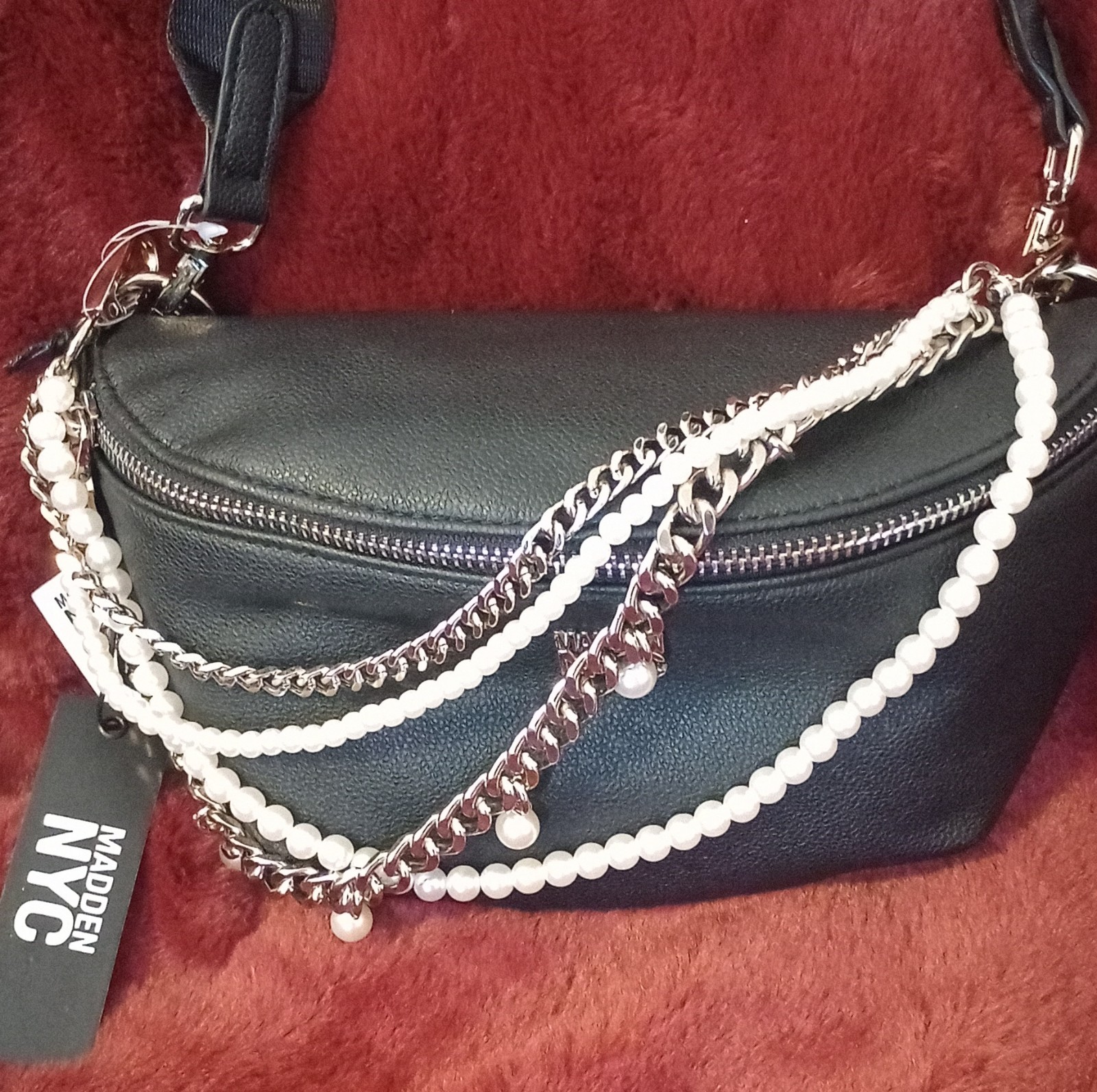 Madden NYC Shoulder Bag Pearl Chain Accent Zip Black Women’s Rectangle