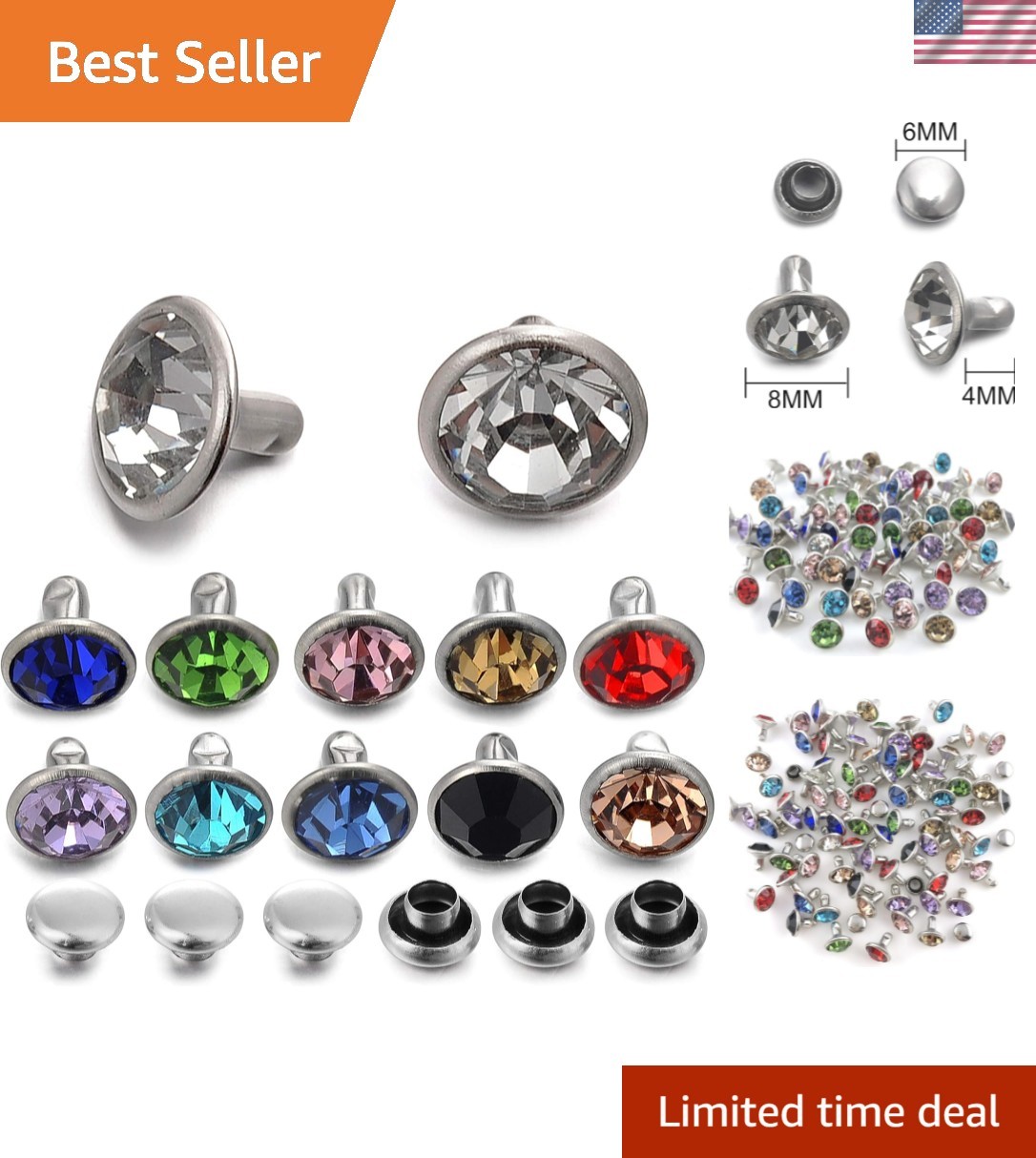 100 Sets of 8MM Multi-Colored Crystal Rivets for Leather DIY Projects