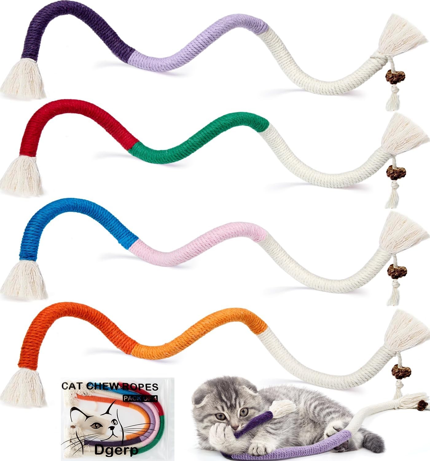 Cat Chew Ropes 4Pcs, Cat Toys for Indoor Cats with Refillable Natural Catnip, Sa