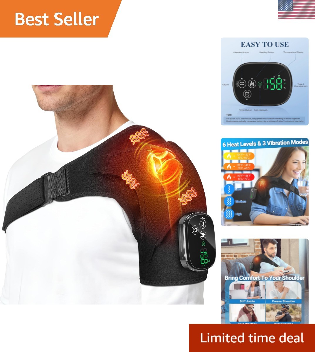 Cordless Shoulder Heating Pad with Massager, Portable Shoulder Massager Wrap ...