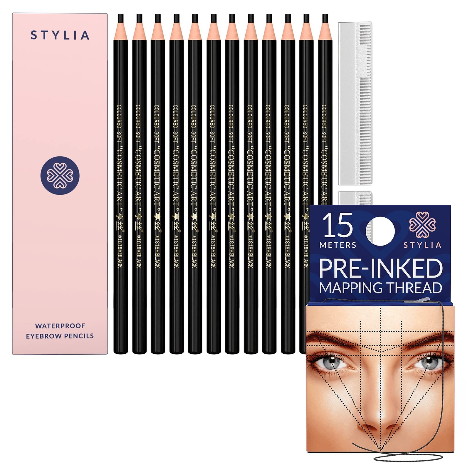 Bundle of 15 Meters Pre-Inked Eyebrow Mapping String and Microblading Supplie...