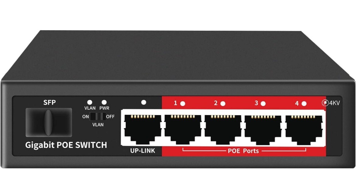 5 Port Gigabit Ethernet Unmanaged PoE Switch 4 Gigabit PoE 52W Built in Power 1 