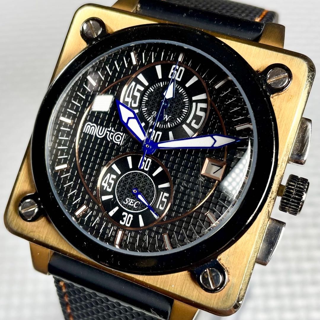 Muta Gold Case Chronograph Timepiece Square Wristwatch Black Dial