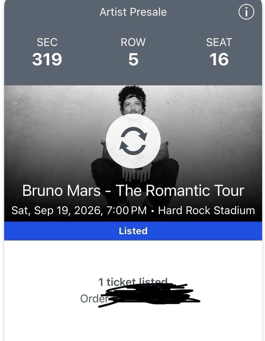 Two (2) Bruno Mars Concert Ticket, September 19th, Miami, Florida. Section 319
