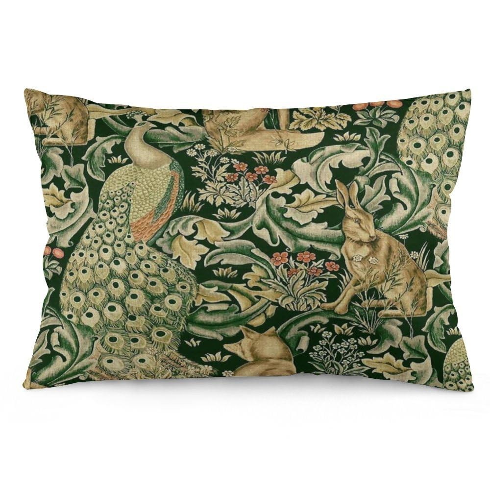 Green Forest Animal Velvet Throw Pillow Cover 12x20 Peacock Fox Hare Cushion