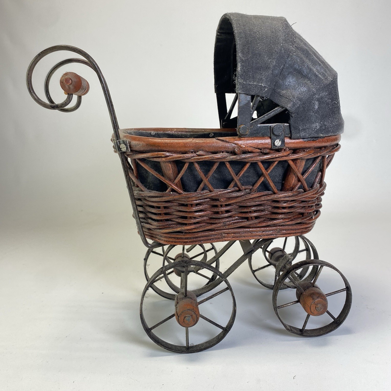 Antique Baby Doll Stroller Wicker Metal Canvas