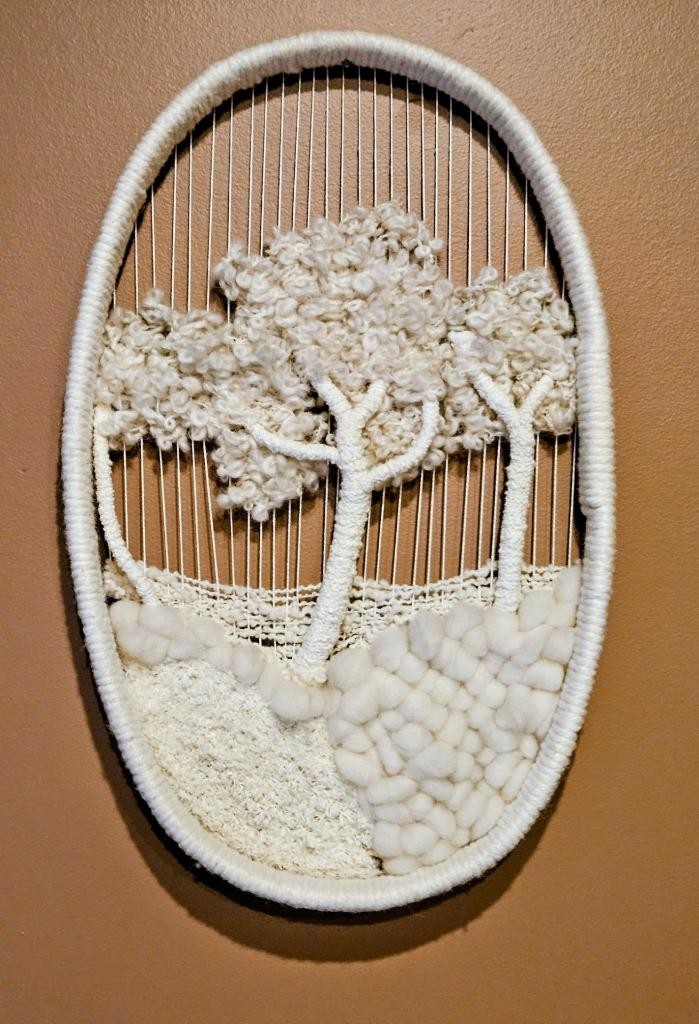 Vtg Woven Fiber Art White Tree of Life Oval Wall Hanging Boho 12" x 20" Weaving