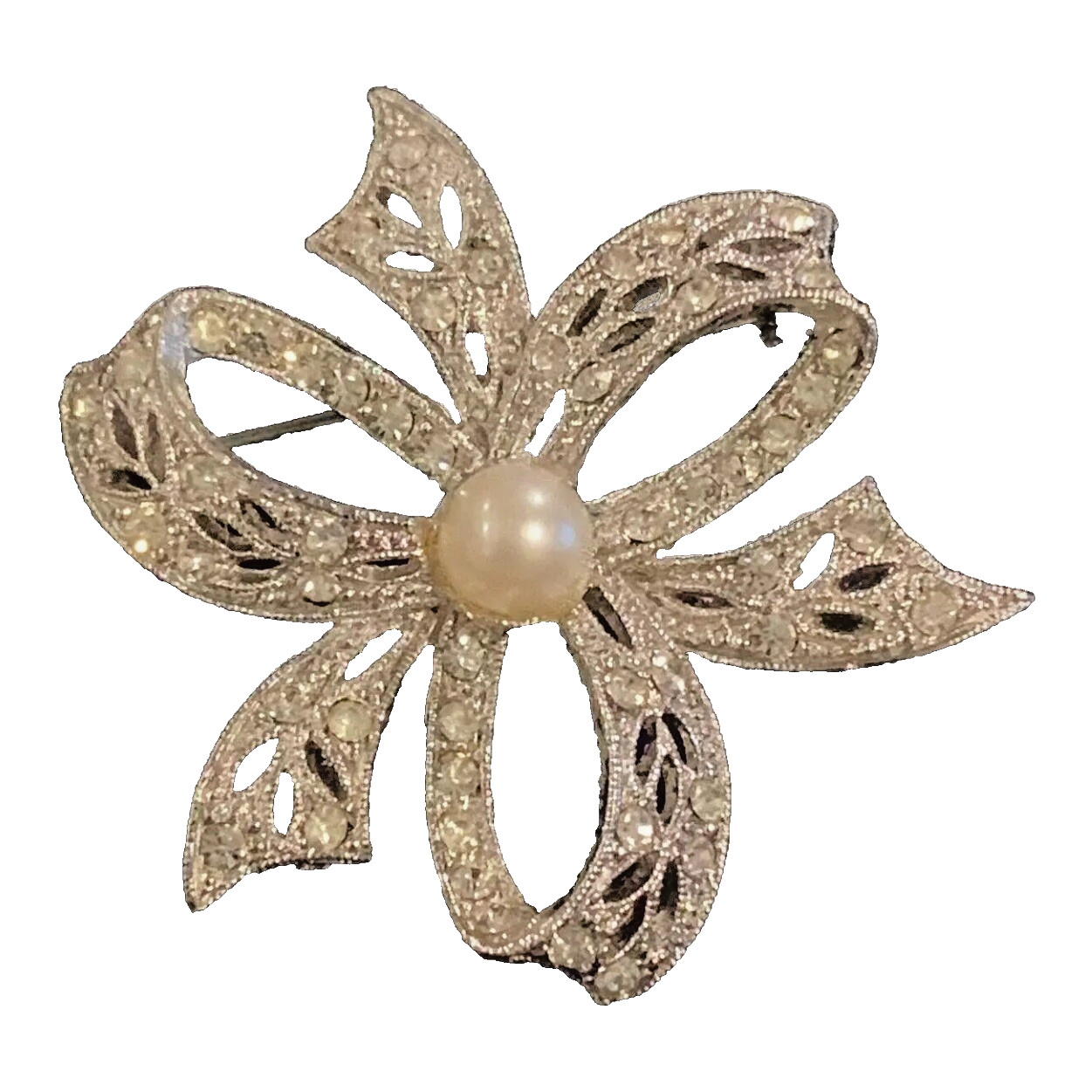 VINTAGE Estate BROOCH BOW Faux Pearl Silver TONE Sparkly Holiday Dressy 1.75"