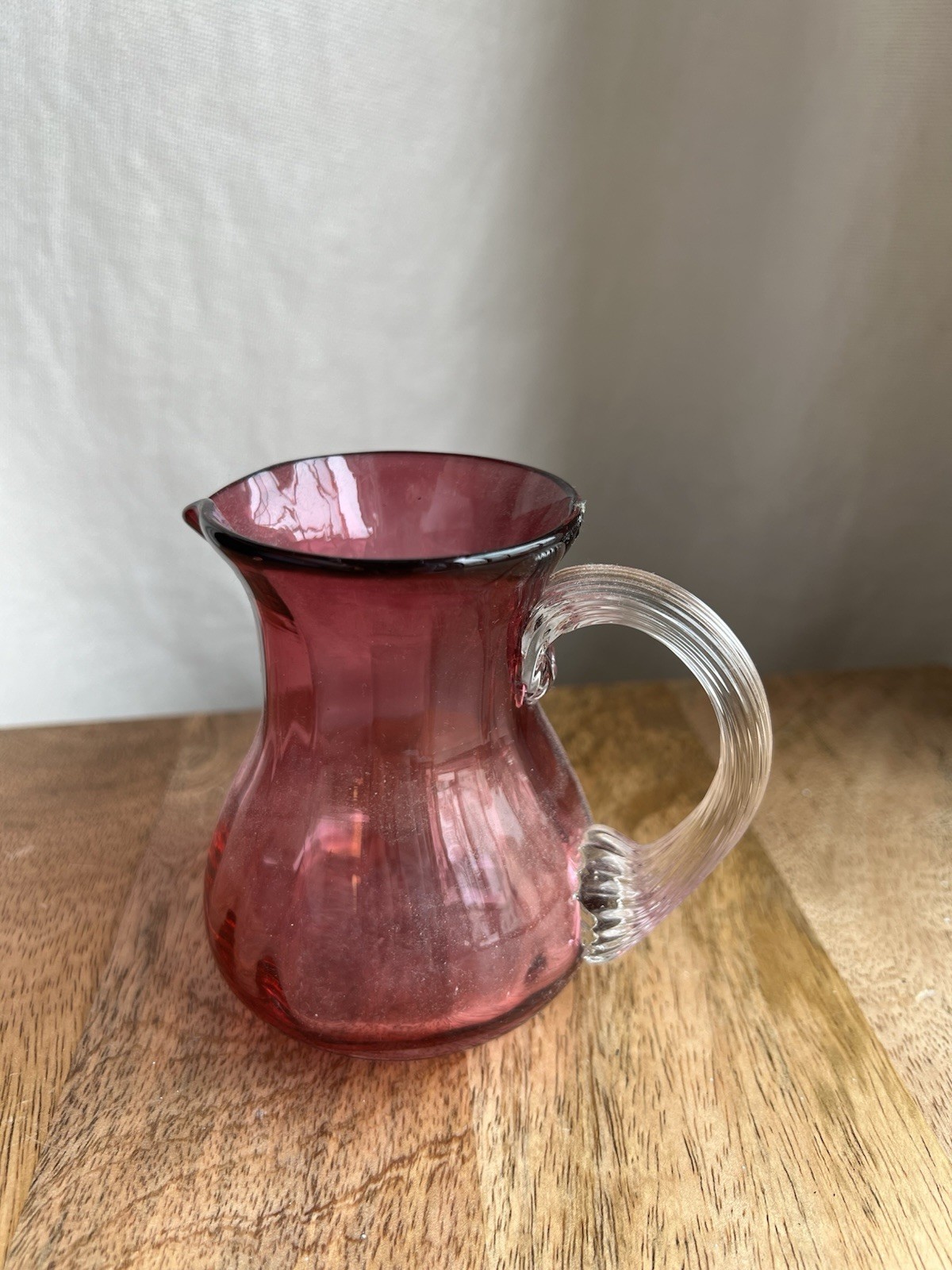 Vintage Pink Cranberry Glass Hand Blown Creamer with Clear Handle