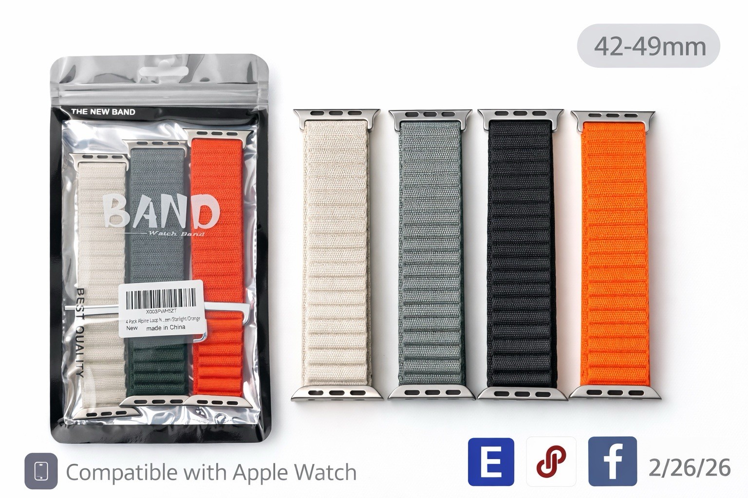 Apple Watch Bands 4 Pack Alpine Loop 42 44 45 49Starlight Gray Black Orange