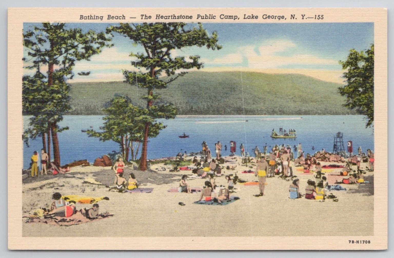 Lake George NY Hearthstone Public Camp Bathing Beach 1937 Curteich Postcard