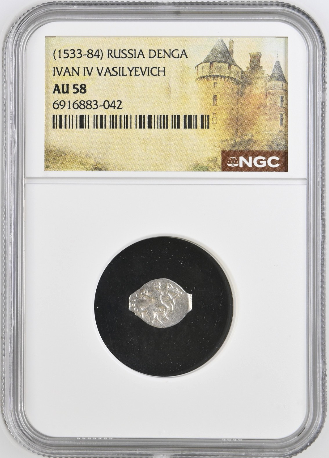 Ivan IV The Terrible Russia NGC AU58 Silver Denga AD 1533-1584 Horse Coin Tyrant