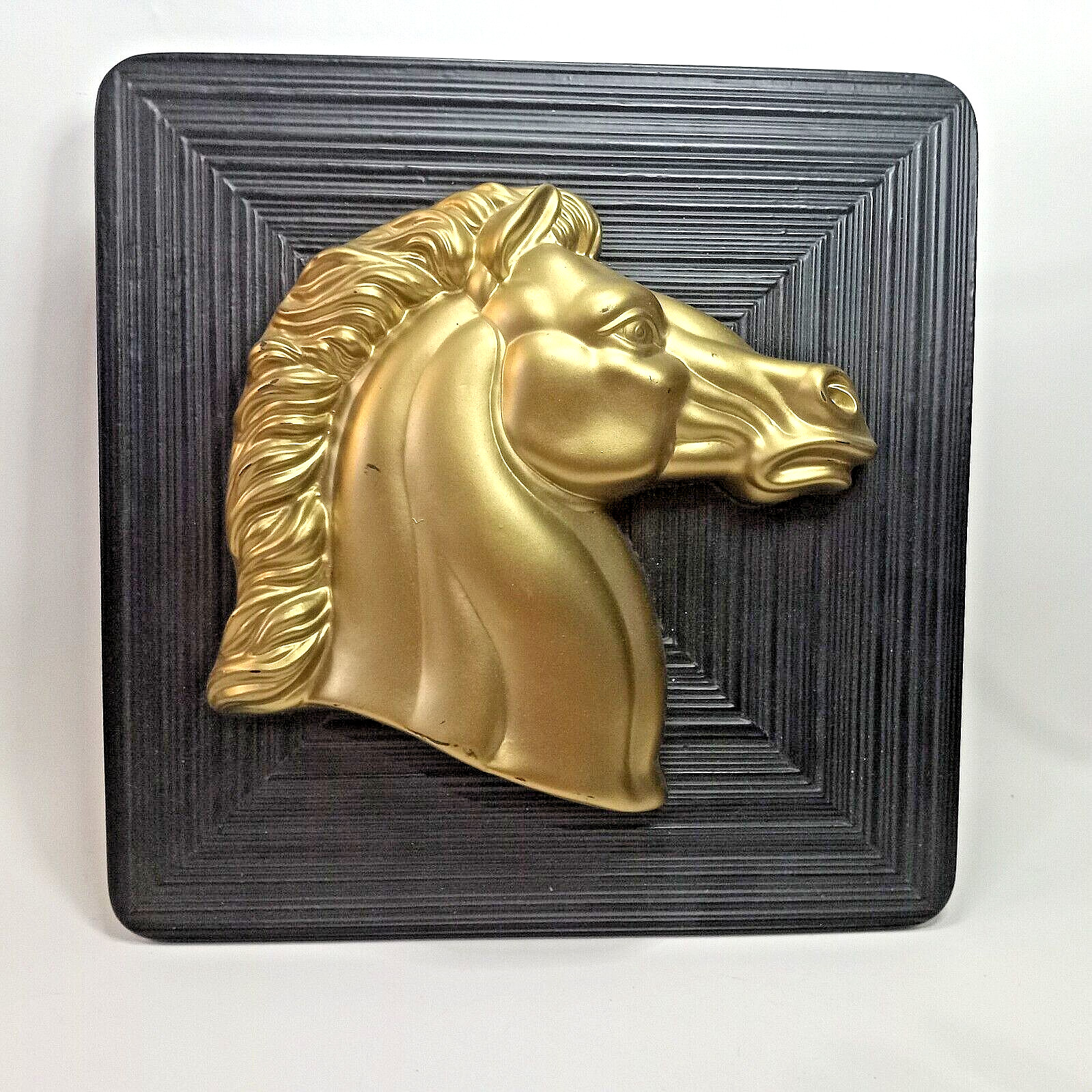 1980s Wall Art 3D Gold Horse Head Profile Wall Plaque 10.5" sq. Roman