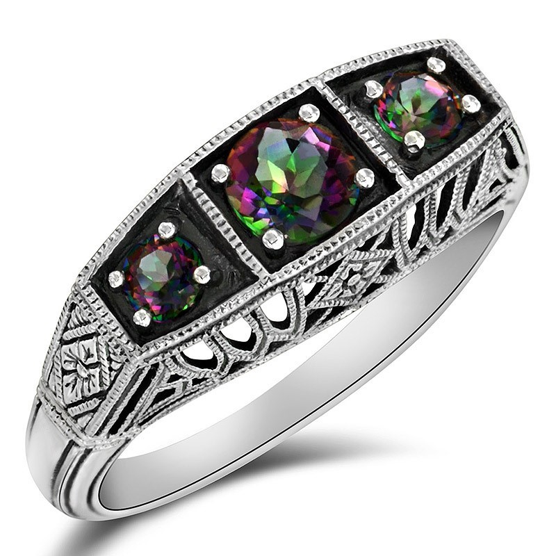 1CT Natural Rainbow Topaz 925 Sterling Silver Art Nouveau Ring Sz 7 XB3-4