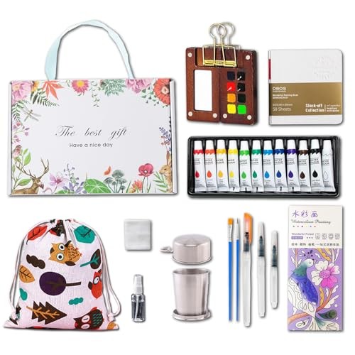 Mini Wooden Watercolor Paint Set - Pocket Travel Art Kit with 12 Wooden-8 Grids